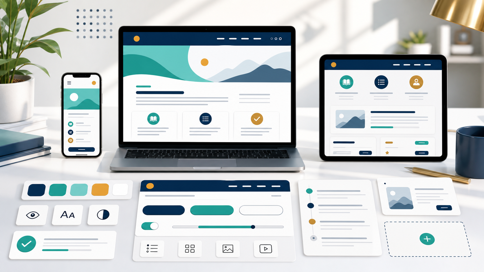 Abstract workspace showing responsive online course layouts and reusable component blocks on multiple screens.
